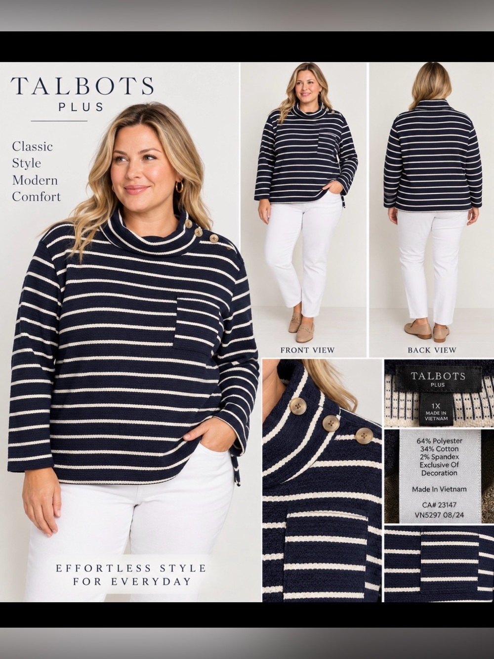 Talbots Plus 1X Navy Ivory Striped Mock Neck Button Top